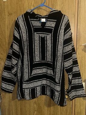 Striped Hooded Baja-Style Pullover Sweater - Black & White